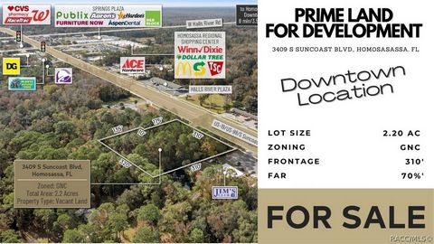 Cette opportunité de développement de premier ordre, située dans le centre-ville d’Homosassa, dans le comté de Citrus, présente un site de 2,20 acres zoné comme commercial de quartier général. Il fait face à l’animation de 6 voies S Suncoast Blvd (28...