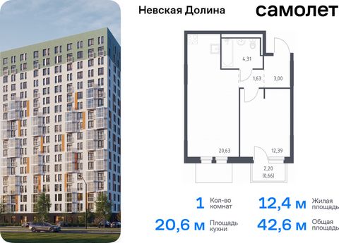 Продается 1-комн. квартира. Квартира расположена на 4 этаже 12 этажного монолитно-кирпичного дома (Корпус 1.1, Секция 3) в ЖК «Невская Долина» от группы «Самолет». «Невская Долина» - уютный квартал в скандинавском стиле рядом с набережной Невы. Наход...