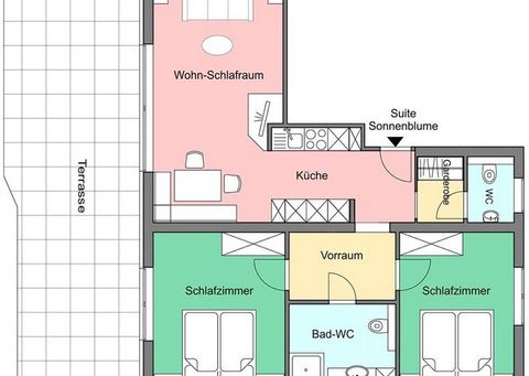 Unsere ebenerdige und barrierefrei ausgestattete Suite Sonnenblume heißt Sie willkommen. Diese komplett neue und moderne Wohnung (NEU – ab 2022) besteht aus einem Vorraum, Garderobe, Küche, Ess/Wohn- und Schlafraum, 2 separaten Schlafzimmern, Badezim...