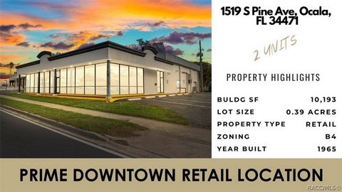 Presenting Two Prime Mixed-Use Commercial Buildings in Downtown Ocala, with 10,193 sq ft of space, including 6,530 sq ft of showroom, 1,120 sq ft of warehouse, and a 10'x10' loading bay. These meticulously maintained buildings feature 300 Amp 3 Phase...