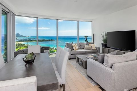 Embrace the luxury of urban island living that is Ward Village in Kakaako. This preferred 06 home in the sky faces the ocean, Diamond Head and the Waikiki Coastline. Private foyer entry, soaring 9'6
