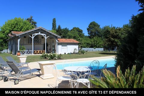 Located in Losse. Landes style house type T6 with independent gîte all located in the heart of the Landes forest on an airial of 2.32 hectares. The main residence from the Napoleonic period, completely renovated with high quality materials by an arch...