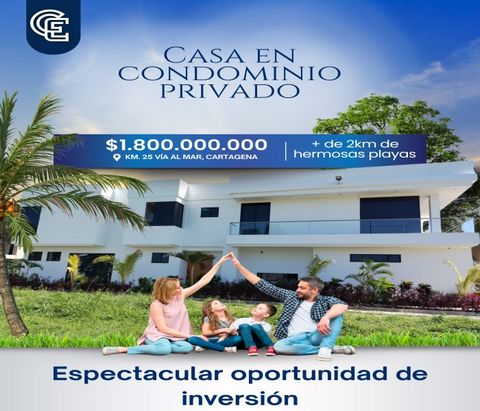 Description For Sale, spectacular beach house, in Cartagena de Indias, just 20 minutes from the walled city, which has an area of 348 m2 on a lot of 232m2 (10 front x 23.2 deep) * Two floors plus mezzanine * Wooden stairs * Machine Room * Laundry Roo...