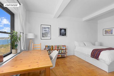 Smartly renovated studio on high floor with oblique peaceful river and park views! Perfectly situated in the heart of the UWS across from Riverside Park. You will love the prewar charm and 9.7' beamed ceilings this home offers. It really opens the sp...