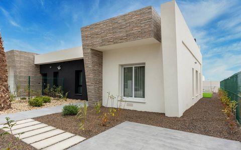 These modern semi-detached houses have 3 bedrooms and 2 bathrooms, all on a single level. They feature an open-plan kitchen connected to the living room, which leads out to the exterior with a private pool, parking, and garden. Additionally, the comp...