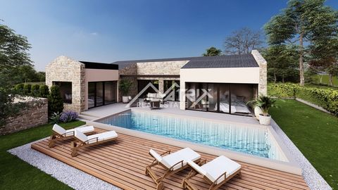 Poreč, buitenwijk – Modern energiezuinig vrijstaand huis met zwembad in de buurt van de zee, op een geweldige locatie dicht bij alle voorzieningen! Nieuw gebouw! Te koop is deze moderne, gelijkvloerse energiezuinige woning met zwembad en een totale n...