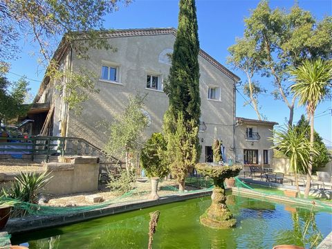 Near Limoux, character house with swimming pool, large terrace, pond and wooded garden. The house is made up of a recent kitchen, 5 bedrooms, 1 bathroom and two bathrooms. water, a living room and a dining room. A garage and a relaxation room equippe...